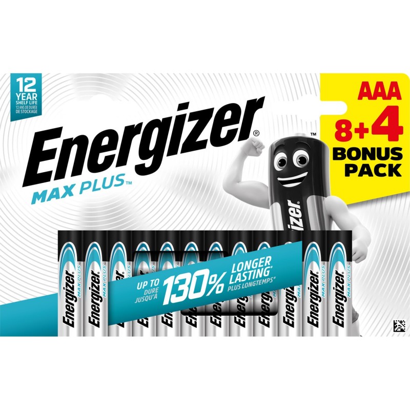 Energizer Pile alcaline AAA / LR3 Max Plus - Pack Promo 8 + 4 GRATUITES