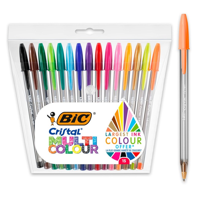 BIC Cristal Multicolour Stylo bille à capuchon pointe large 1 mm - Pochette de 15 coloris assortis