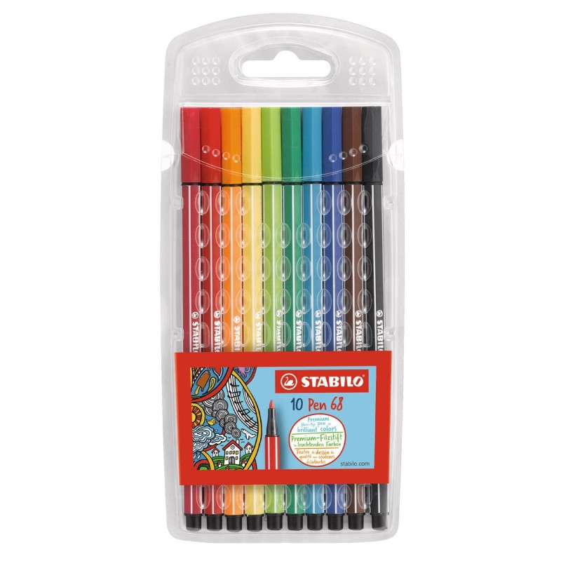 STABILO Pen 68 Stylo feutre pointe moyenne - pochette 10 couleurs assorties