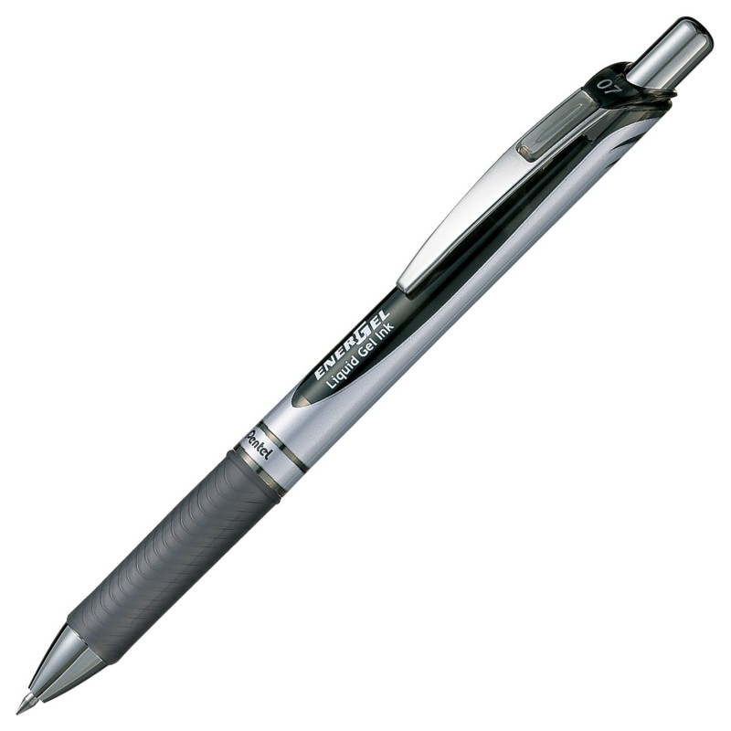 Pentel Stylo à encre gel rétractable EnerGel XM pointe moyenne avec zone de préhension - Corps noir et argenté, encre noire
