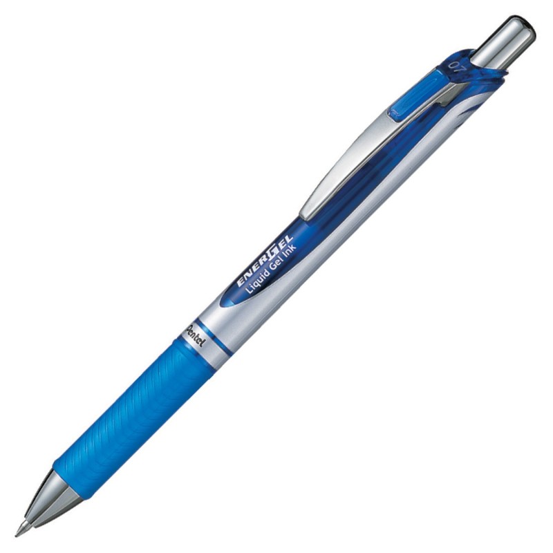 Pentel Stylo roller rétractable EnerGel BL77, pointe moyenne (0,7 mm), avec zone de préhension, corps chromé, encre bleue