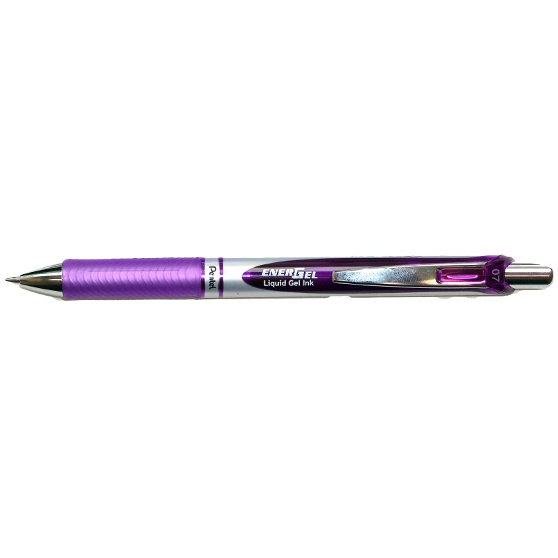 Pentel Stylo roller rétractable EnerGel BL77, pointe moyenne (0,7 mm), avec zone de préhension, corps chromé et violet, encre violette