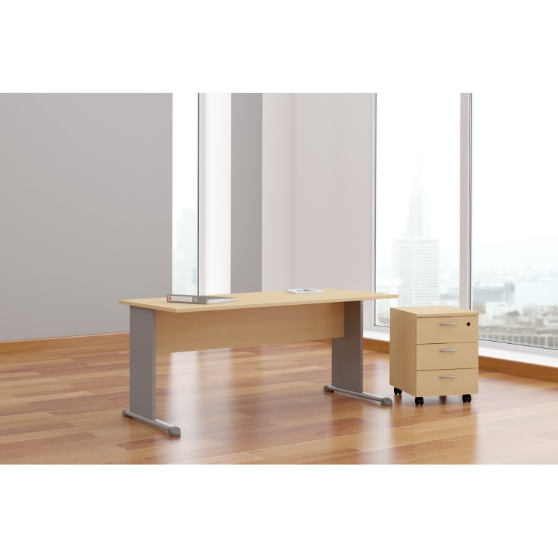 Pack Bureau droit Pronto Bois - L.140 x P.80 cm - Plateau Hêtre - Pieds L Aluminium + Caisson mobile 3 tiroirs Hêtre