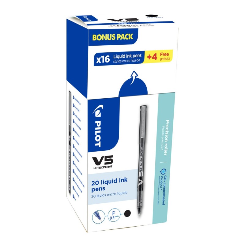 Pilot Hi-Tecpoint V5 - Stylo roller rechargeable pointe fine 0,5 mm - Noir - Pack Promo 16 + 4 OFFERTS