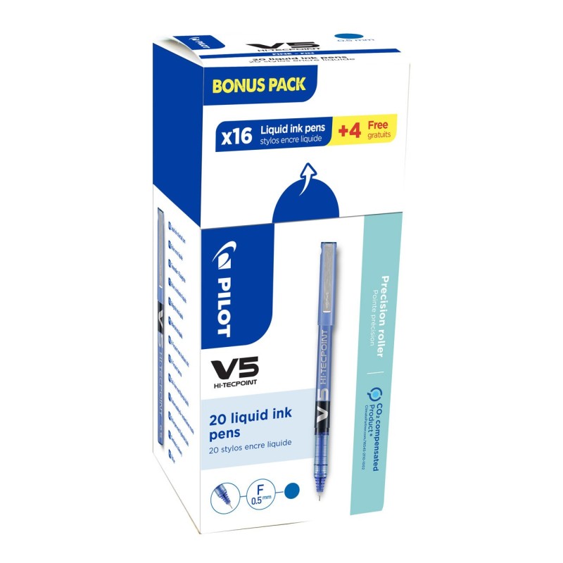 Pilot Hi-Tecpoint V5 - Stylo roller rechargeable pointe fine 0,5 mm - Bleu - Pack Promo 16 + 4 OFFERTS
