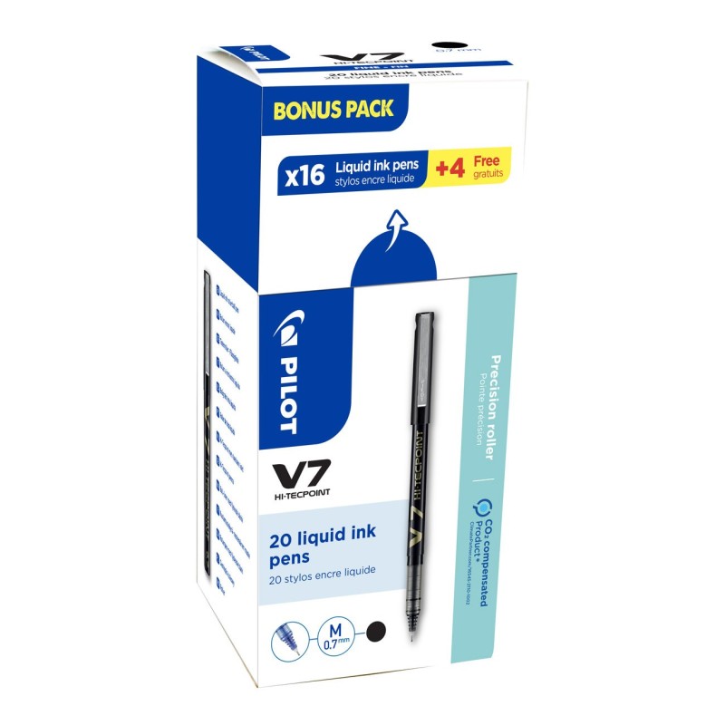 Pilot Hi-Tecpoint V7 - Stylo roller rechargeable pointe moyenne 0,7 mm - Noir - Pack Promo 16 + 4 OFFERTS