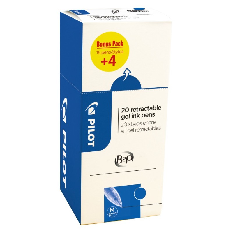 Pilot Eco pack stylos bille rétractables, B2P Begreen, pointe moyenne, avec zone de préhension, corps en plastique bleu, encre bleue