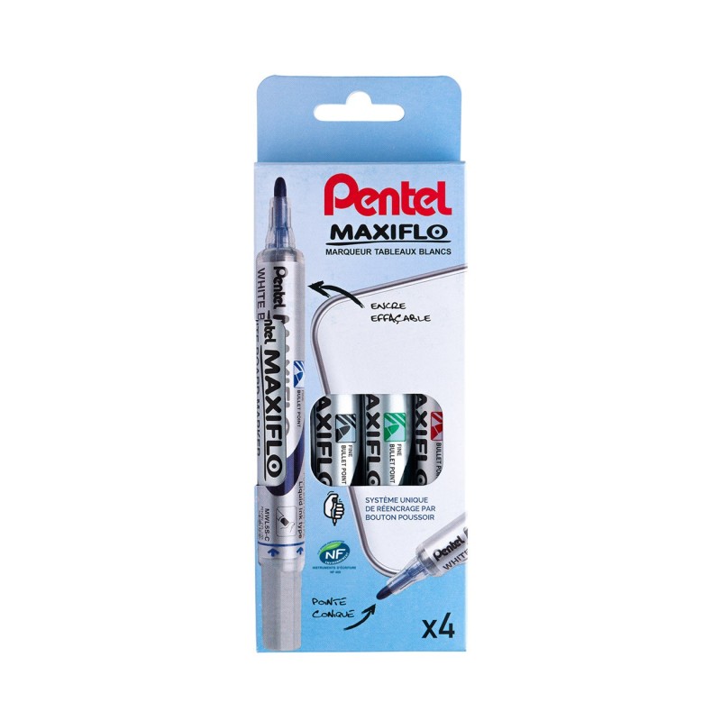Pentel Maxiflo fine ogive pointe tableau blanc marqueur largeur de trait 1,1 mm - Couleurs assorties lot de 4