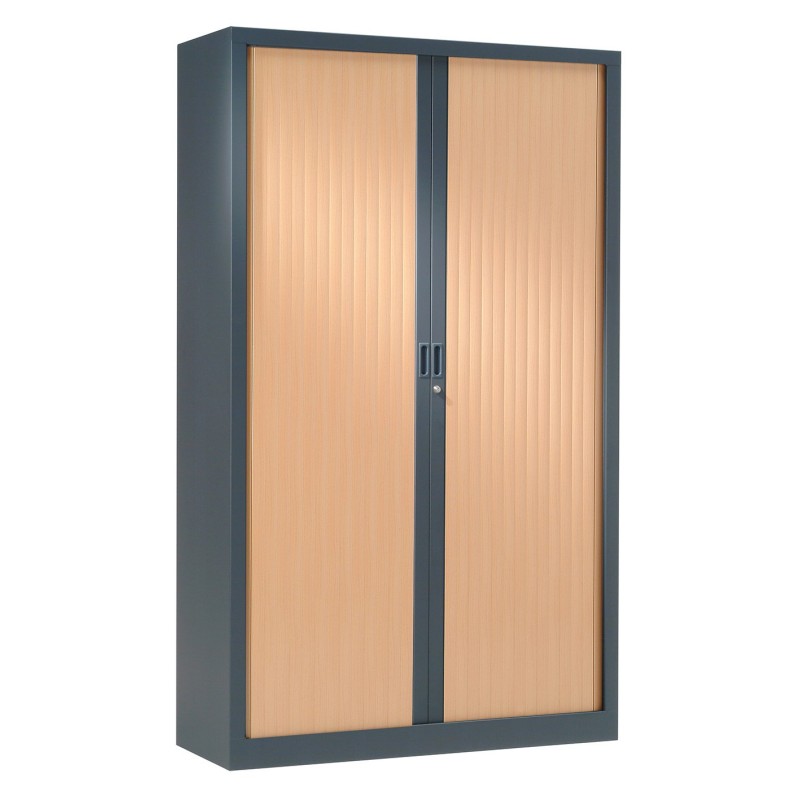 Armoire à rideaux métal monobloc Généric - H.198 x L.120 cm - Corps Anthracite - Rideaux Hêtre