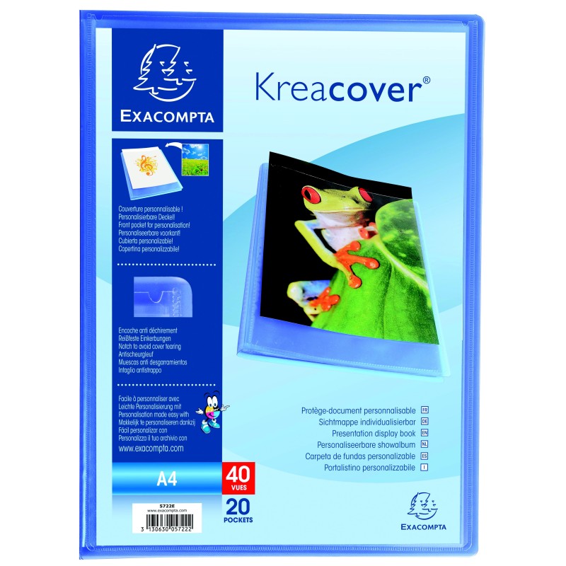 Exacompta Porte vues personnalisable Kreacover A4 - 20 pochettes - 40 vues - Bleu