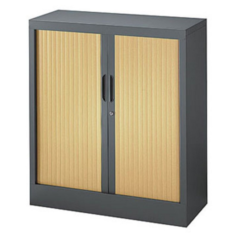 Armoire à rideaux métal Classtout - H.100 x L.90 cm - Corps Anthracite - Rideaux Hêtre