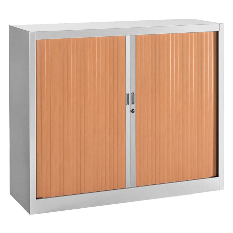 Armoire à rideaux métal Classtout - H.100 x L.120 cm - Corps Gris - Rideaux Hêtre