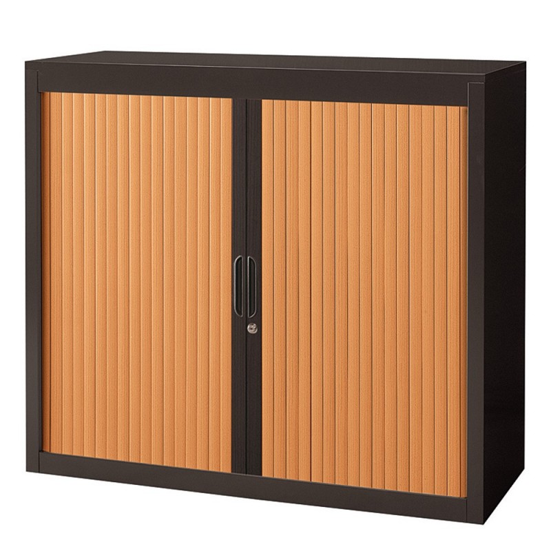Armoire à rideaux métal Classtout - H.100 x L.120 cm - Corps Anthracite - Rideaux Hêtre