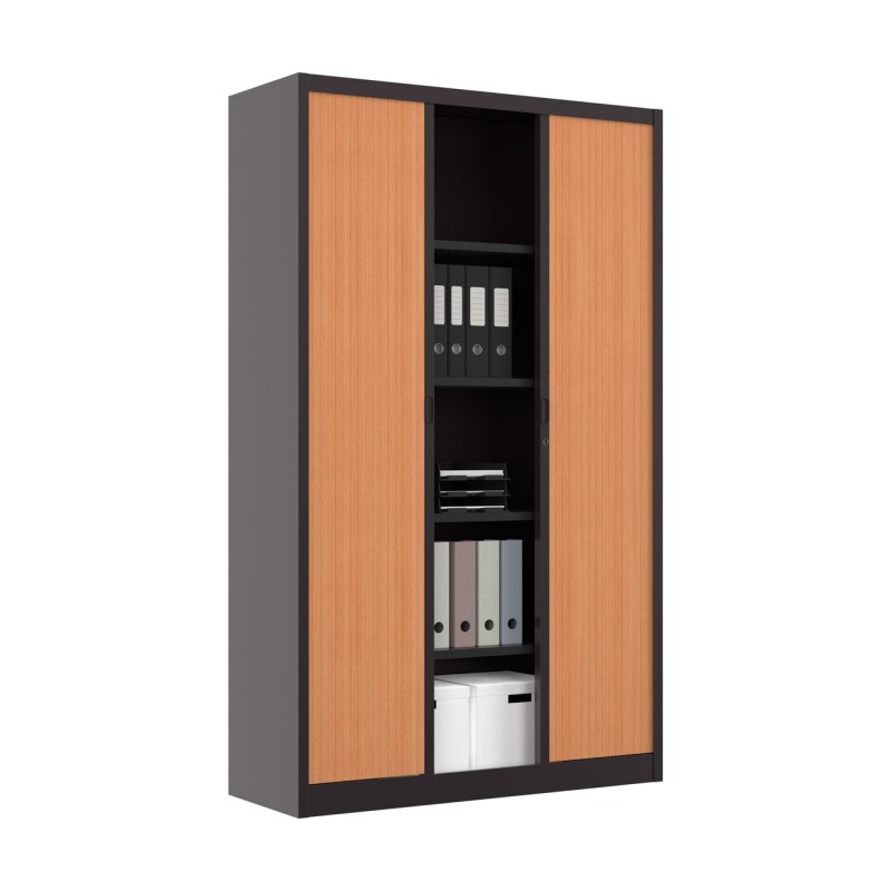 Armoire à rideaux métal Classtout - H.198 x L.120 cm - Corps Anthracite - Rideaux Hêtre