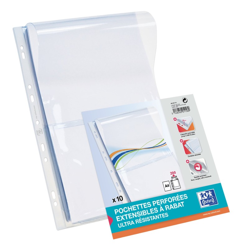 Oxford Pochettes perforées Plan A4 à soufflet de 2 cm PVC 9 trous avec rabat incolore - Lot de 10
