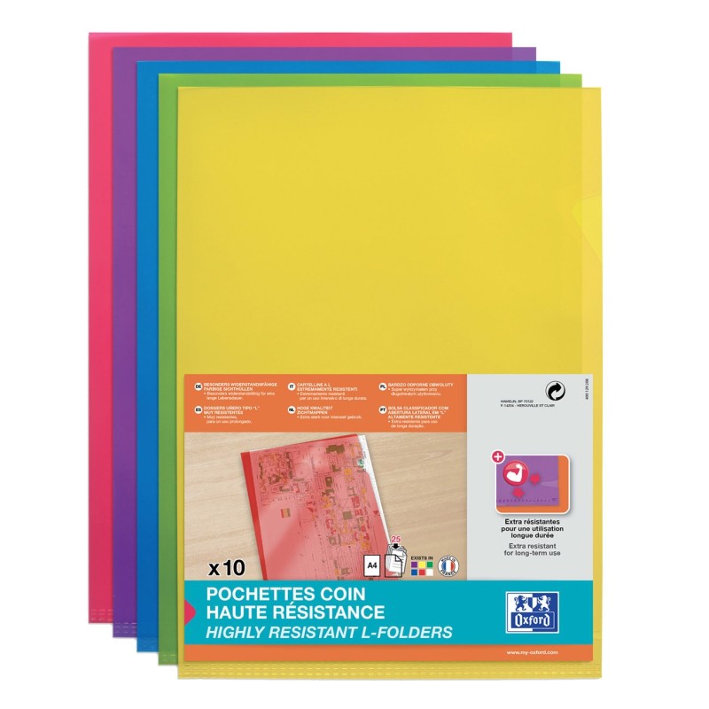 Oxford Pochettes-coin haute résistance A4 PVC lisse couleurs assorties - Lot de 10