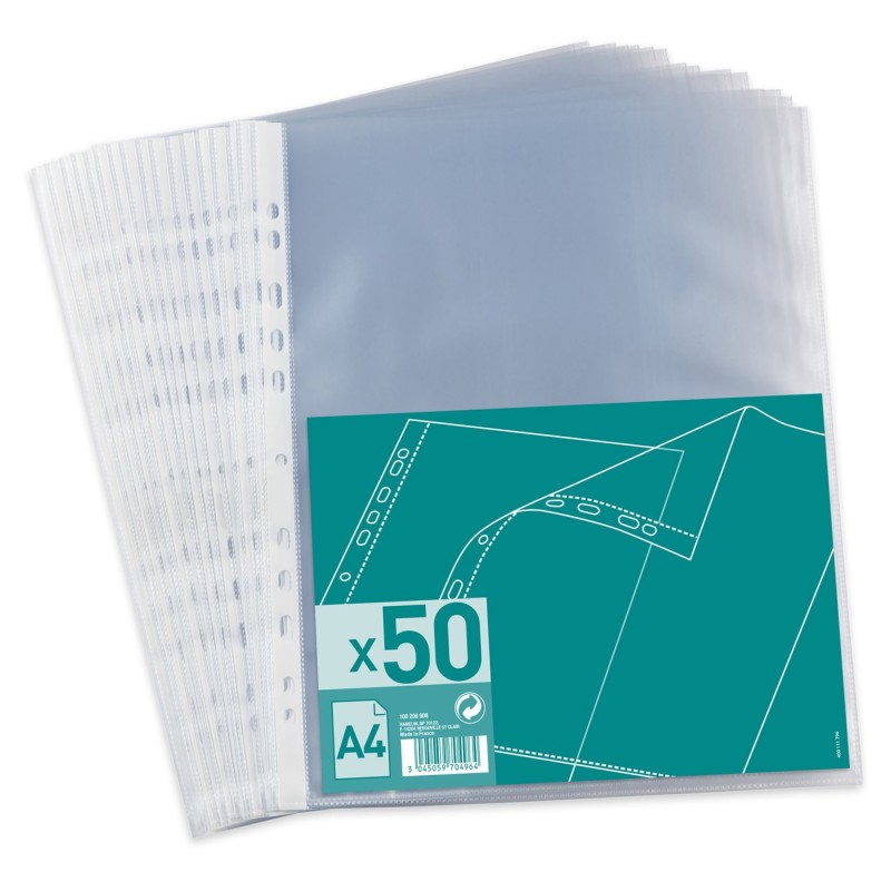 Pochettes perforées neutres A4 PP grainées incolores - Lot de 50