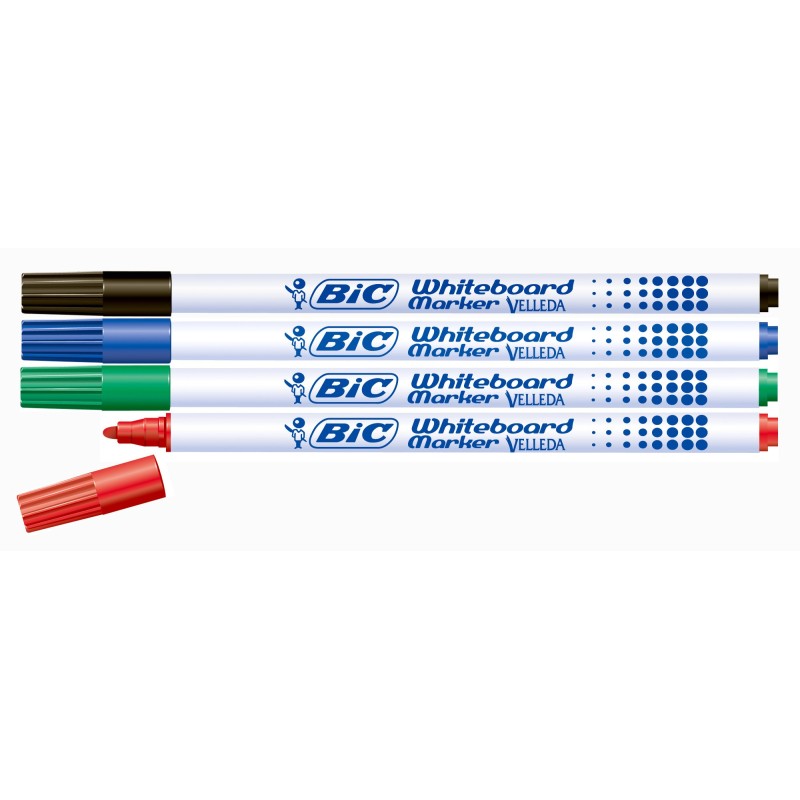 BIC Marqueur pour tableau blanc Velleda® 1721, encre liquide, pointe ogive fine, largeur de trait de 1,5, couleurs assorties : noir, rouge, bleu, vert
