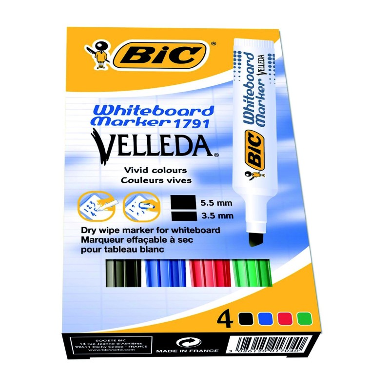 BIC Velleda 1791 Marqueur effaçable tableau blanc pointe biseautée 3,5 - 5,5 mm - Pochette 4 couleurs