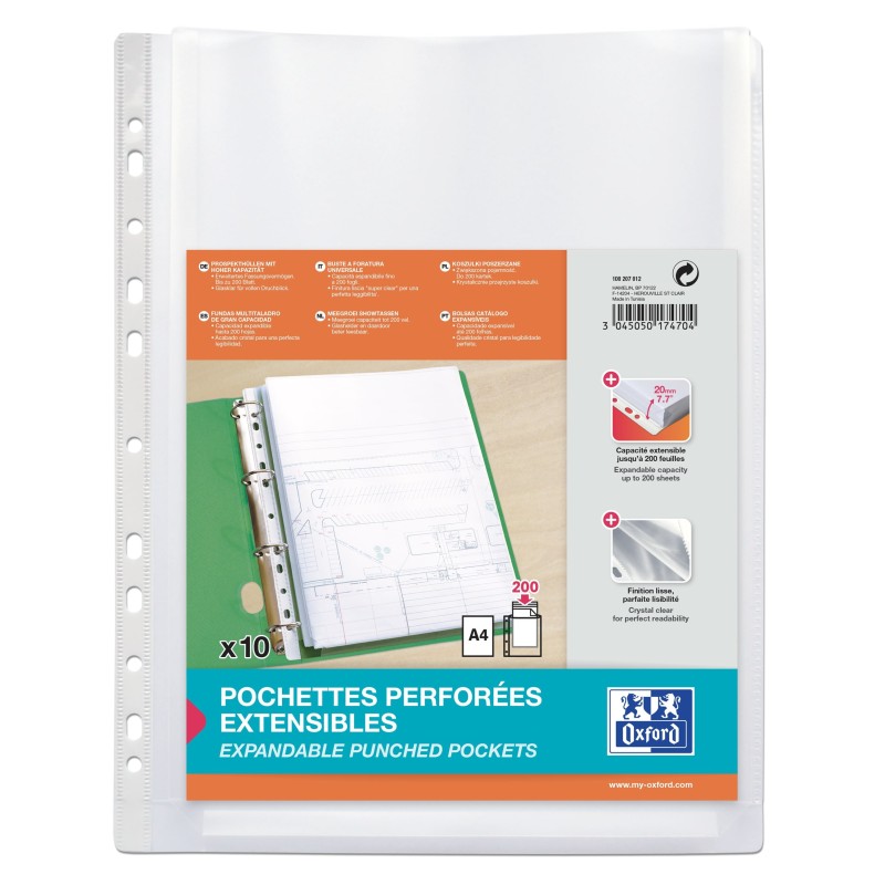 Oxford Pochettes perforées à soufflet A4 PP lisse incolore - Lot de 10