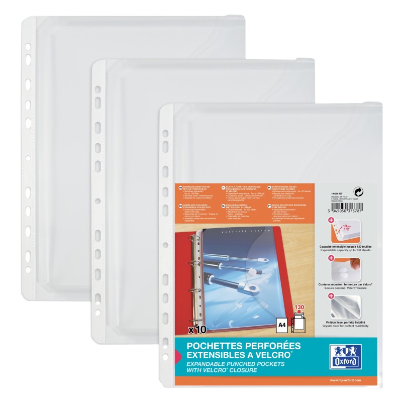 Oxford Pochettes perforées à soufflet et à Velcro A4 en PP grainé 20/100e incolore - Lot de 10