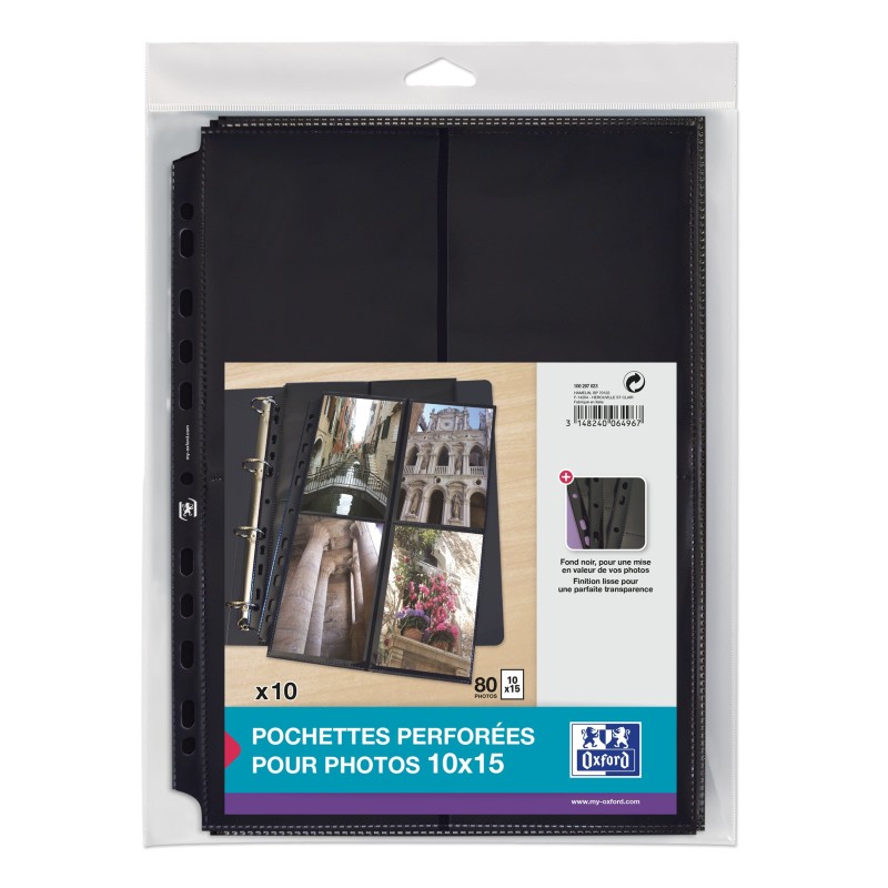 Oxford Pochettes perforées pour 8 photos 10 x 15 cm PP lisse incolore fond noir - Lot de 10