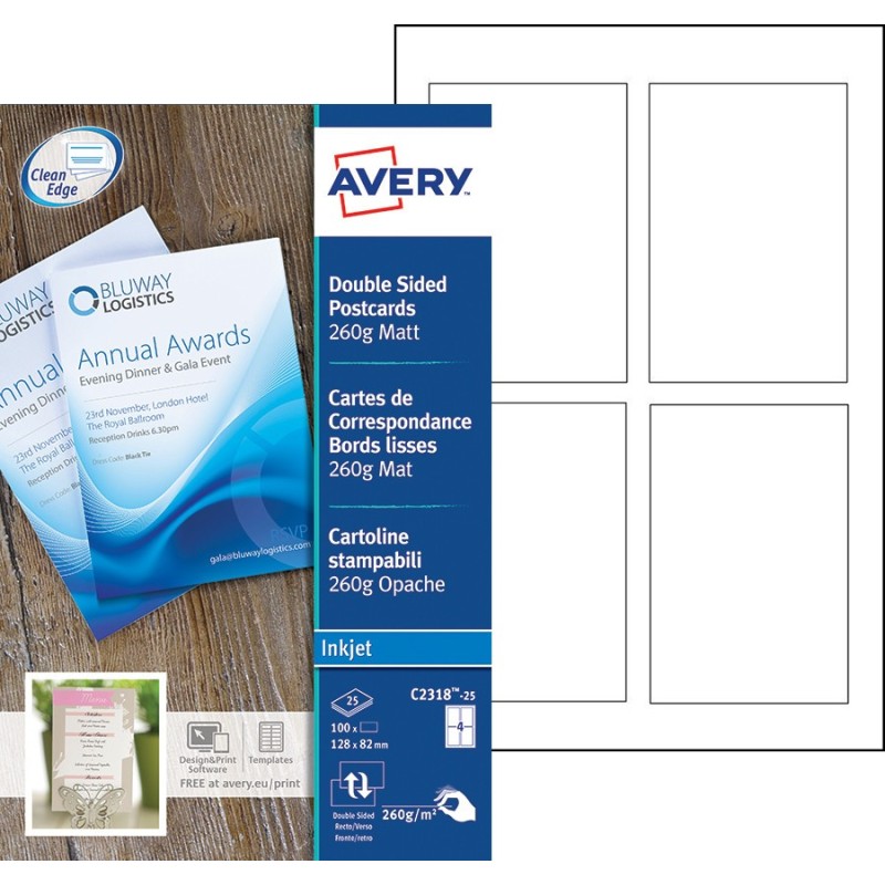 Avery Cartes de visite à bords lisses imprimables recto/verso - Format 128 x 82 mm - Carte blanche mate 260g - C2318-25 - Impression jet d'encre - Pochette de 100