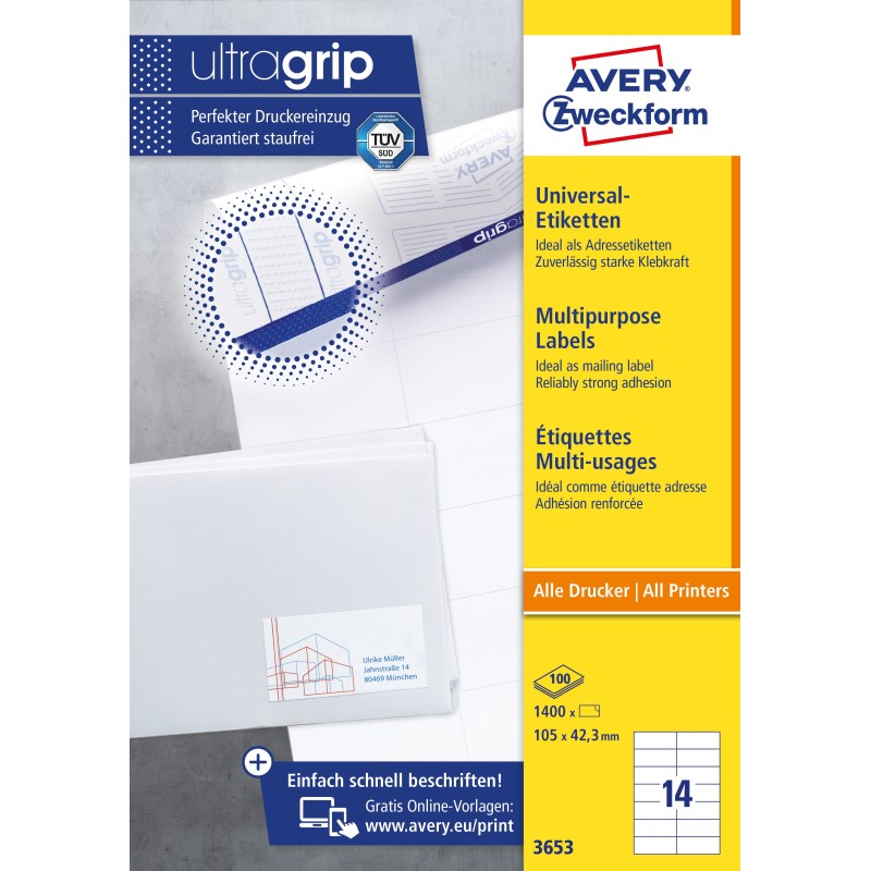 Avery 3653 Etiquettes blanche multi-usages 105 x 42,3 mm - Boîte de 1400