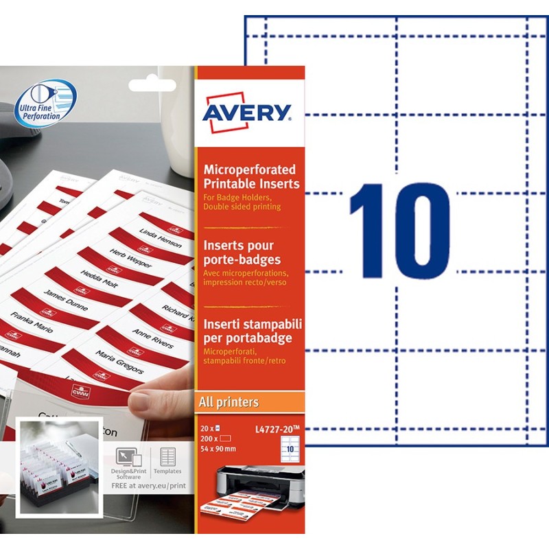 Avery Bristols micro perforés pour badges 190/m² en planche A4 5,4 x 9 cm