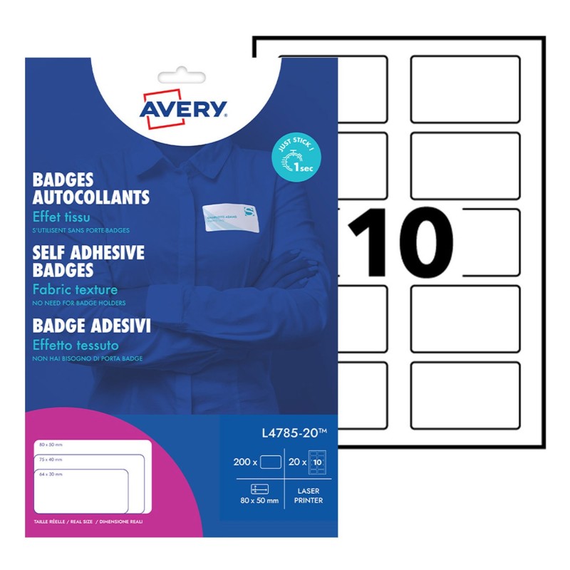 Avery Badges adhésifs en soie-acétate pour imprimantes laser, repositionnables, 80 x 50 mm, 20 feuilles, 10 étiquettes par feuille, blanc