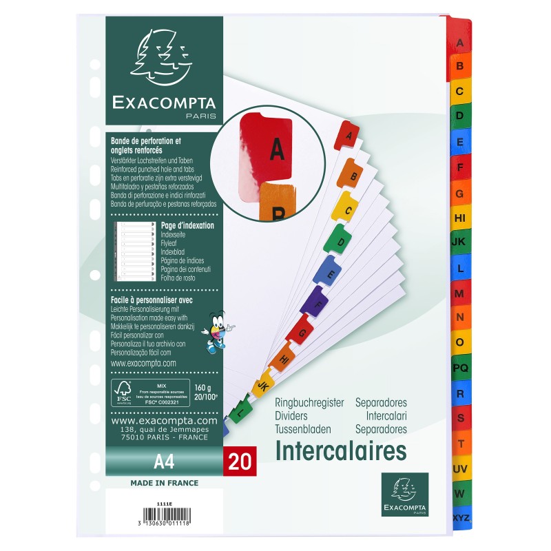 Exacompta Jeu d'intercalaires alphabétique 20 positions en carte blanche 170 g, onglets Mylar®. Format A4.