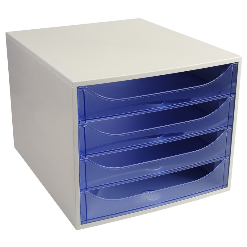 Exacompta Module de classement ECOBOX 4 tiroirs - Gris et Bleu translucide
