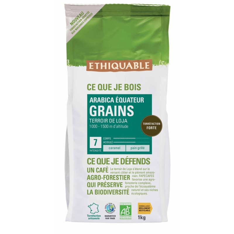Ethiquable Café en grains Equateur Bio et équitable, arabica d'altitude - Intensité 3 - Sachet de 1 kg