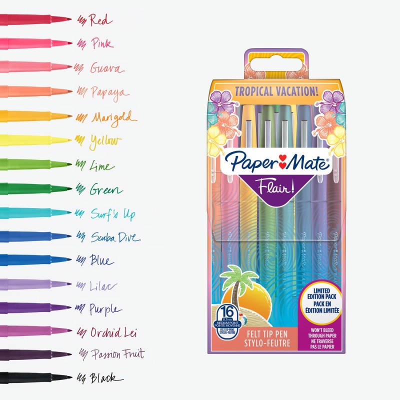 Paper Mate Flair Tropical - Stylo feutre à capuchon pointe moyenne 1 mm - Pochette 16 couleurs assorties