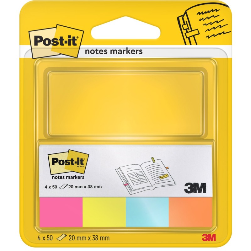 Post-it marque-pages format 20 x 38 mm, 4 blocs de 50, coloris assortis