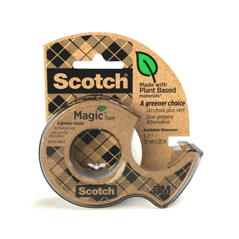 Scotch Dévidoir de ruban à main Magic Green rechargeable, transparent en plastique recyclé 100% avec rouleau Magic recyclé