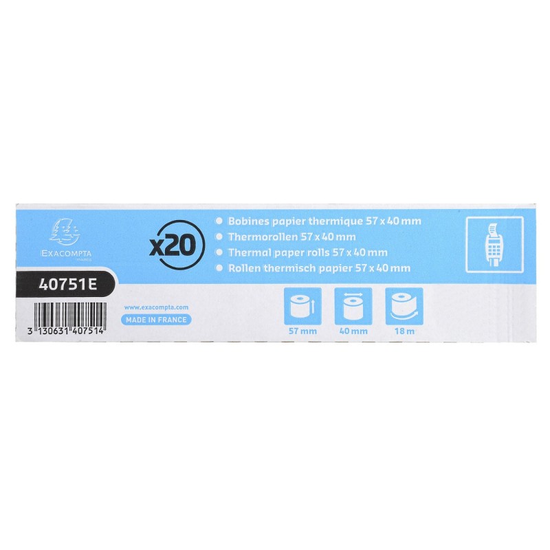 Exacompta Bobine TPE carte bancaire 57 x 40 x 12 mm - Longueur 18M - 40751E - Rouleau Papier thermique 1 pli 55g sans Bisphénol A - Lot de 20