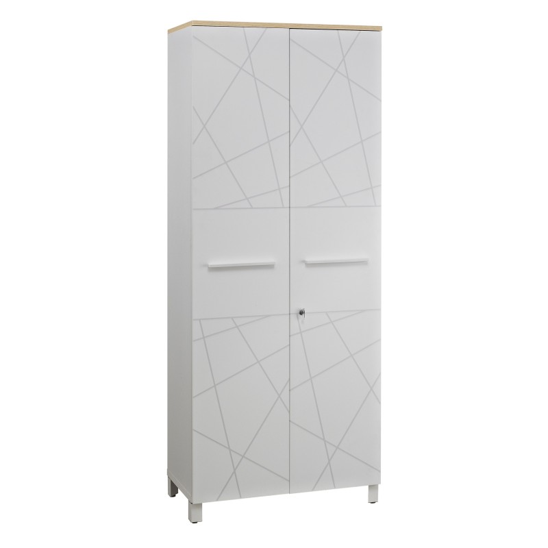 Armoire haute Vitaly L.80 x H.192 x P.42 cm - Corps Blanc - Portes Blanc - Top chêne
