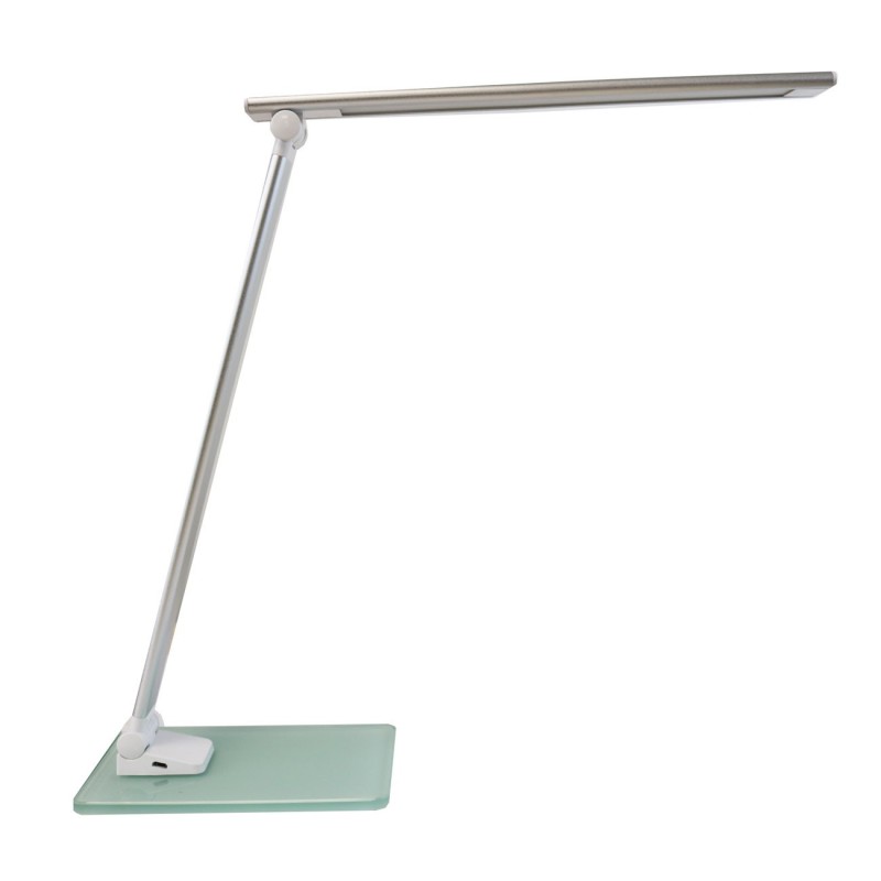 Unilux Lampe de bureau Popy - Led intégrée - 5W - Bras et tête articulés - Port USB - Socle en verre - Gris Métal