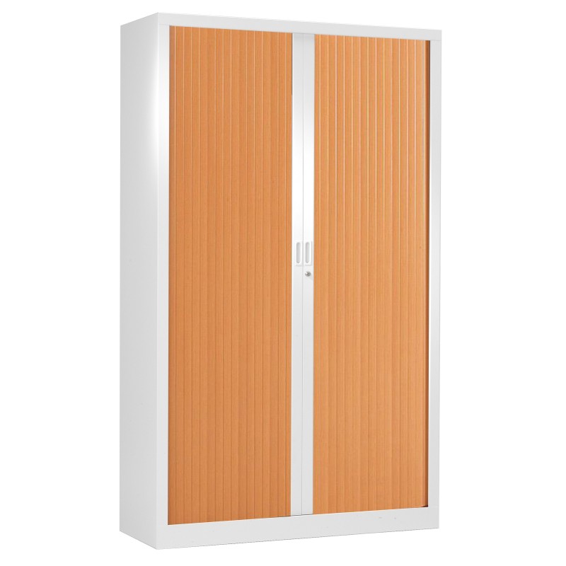 Armoire à rideaux métal Classtout - H.198 x L.120 cm - Corps Blanc - Rideaux Hêtre