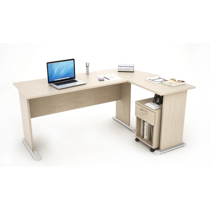 Pack Woody : Bureau d'angle retour à droite - L.170 x P.120 cm - Chêne Pieds L + Caisson mobile 1 tiroir H.53 cm