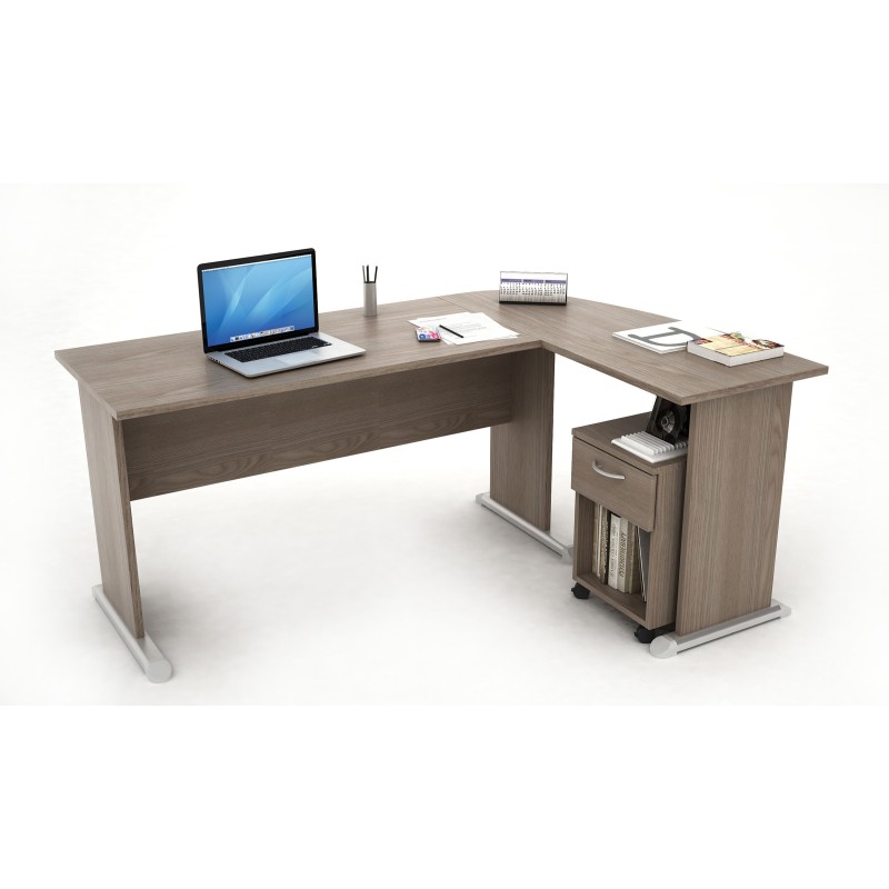 Pack Woody : Bureau d'angle retour à droite - L.170 x P.120 cm - Cendre Pieds L + Caisson mobile 1 tiroir H.53 cm