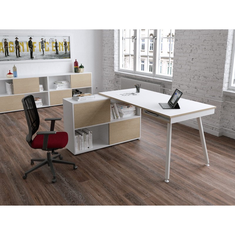 Pack Bureau droit Halden L.160 x P.80 Plateau Blanc Pieds métal Blanc + Meuble de rangement 4 cases Blanc/Chêne L. 120 x P.35 cm