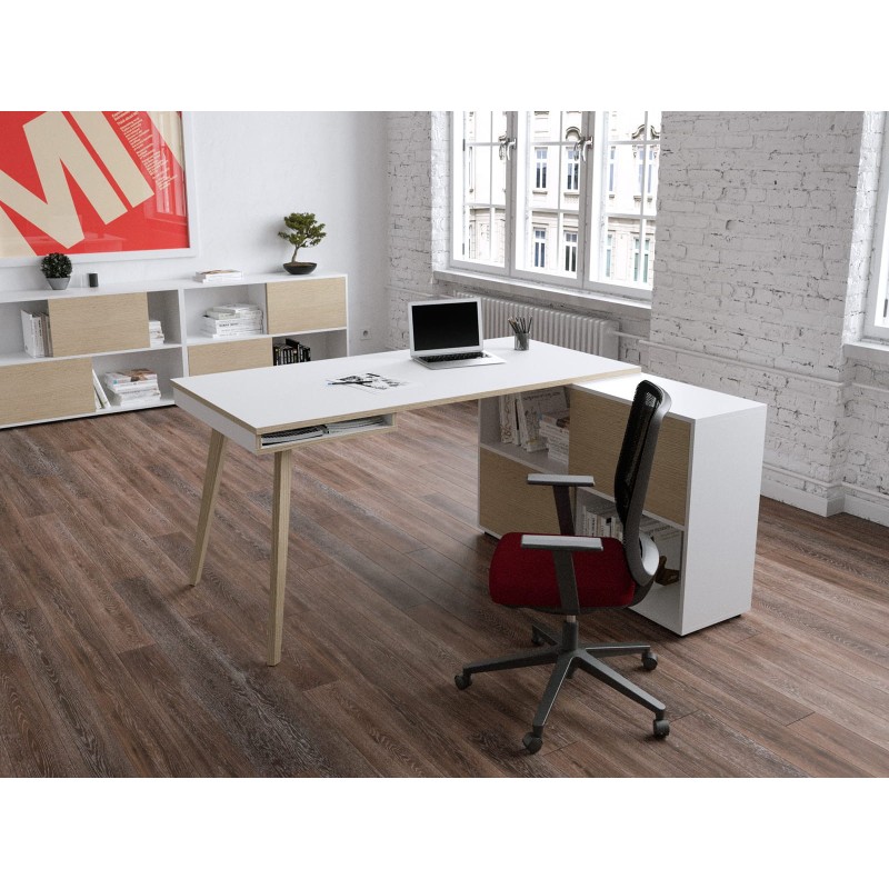 Pack Bureau droit Halden L.160 x P.80 Plateau Blanc Pieds bois Chêne + Meuble de rangement 4 cases Blanc/Chêne L.120 x P.35 cm