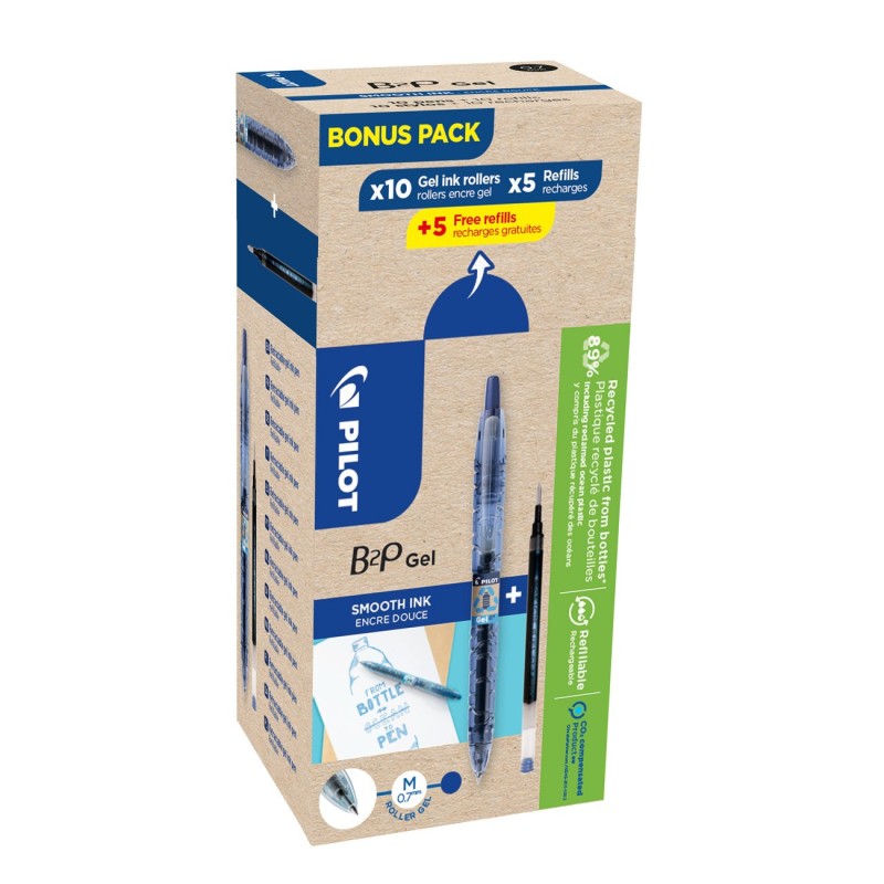 Pilot Eco Pack B2P Begreen, stylo bille rétractable, pointe moyenne 0,7 mm, corps bleu transparent avec zone de préhension, encre bleue, 10 stylos + 10 recharges dont 5 offertes