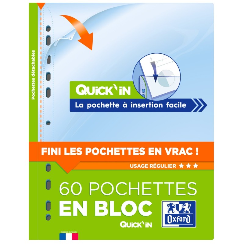 Oxford Pochettes perforées en bloc Quick'In A4 PP lisse incolore - Lot de 60