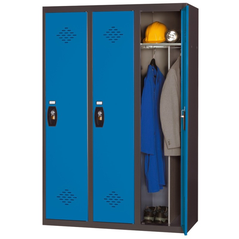 Vestiaire métal Avantage monobloc industrie salissante 3 colonnes - Corps Anthracite - Portes Bleu