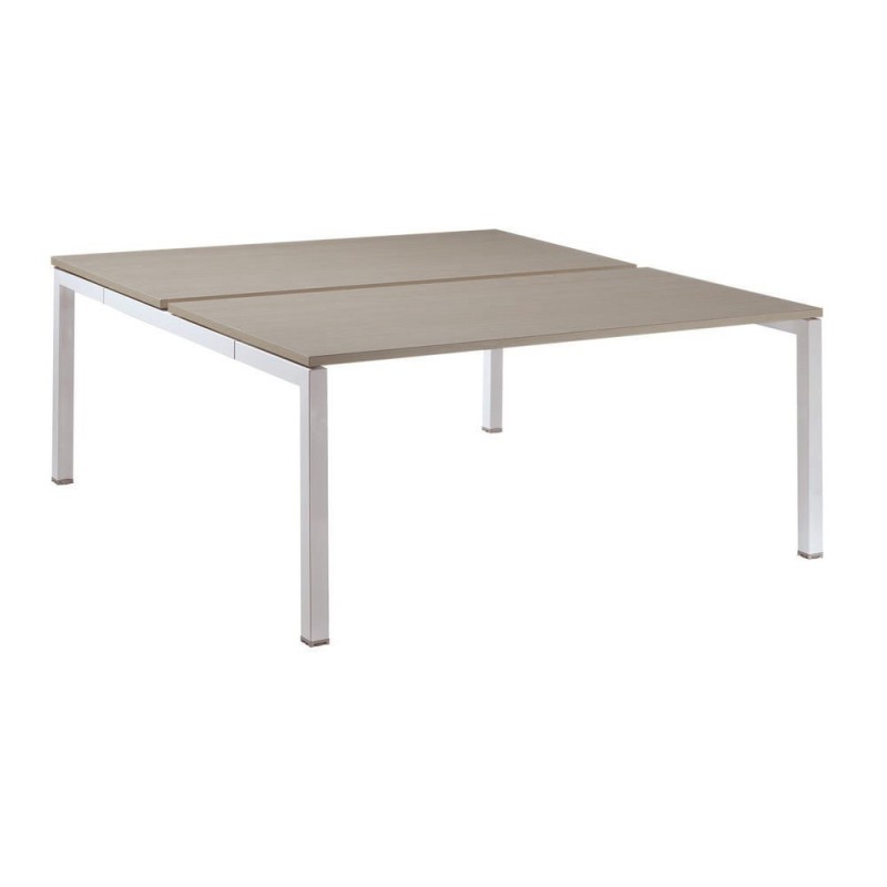 Bureau double Actual ensemble de 2 postes - L.160 x P.165 cm - Plateau Chêne grisé - 4 pieds en arche Aluminium