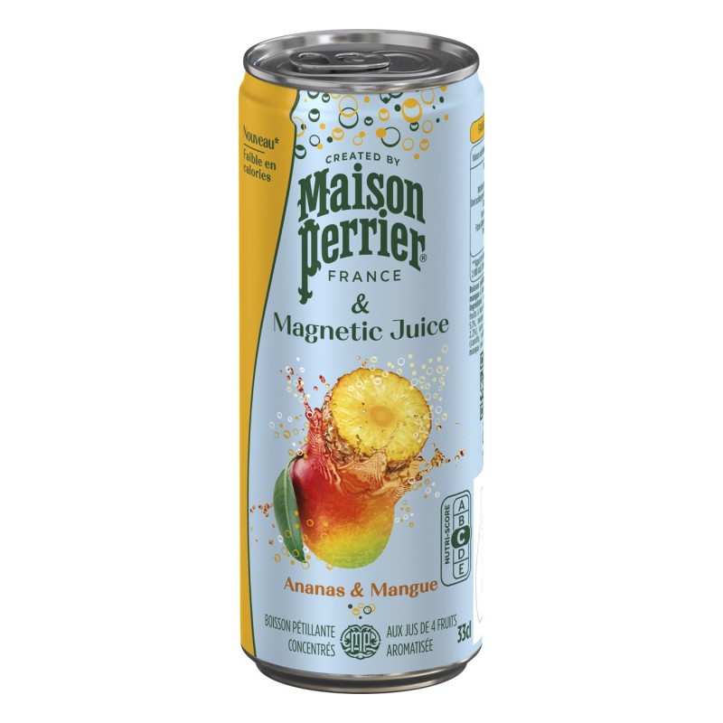 Maison Perrier Magnetic Juice Eau minérale gazeuse Ananas et Mangue - Lot 24 canettes slim 33 cl