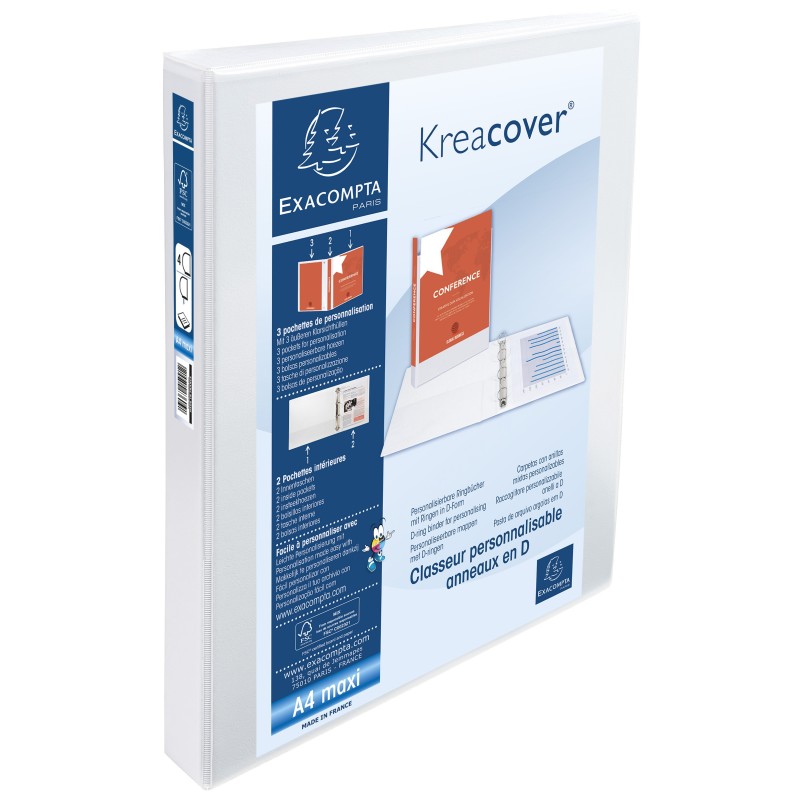 Exacompta Classeur à anneaux personnalisable 3 faces plastifié Kreacover 4 anneaux en D 30 mm -  A4 maxi  Dos 4,7 cm Capacité 275 feuilles blanc